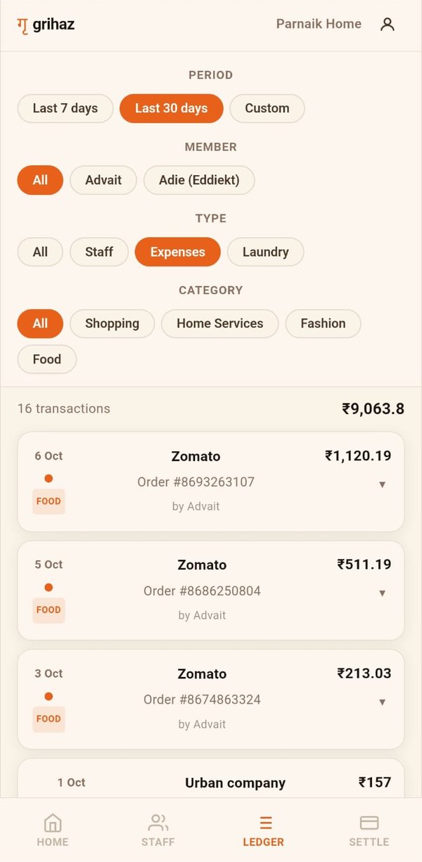 Ledger filtered to expenses, showing recent food orders