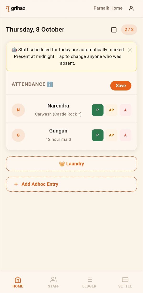 Daily attendance screen with present, paid absence and absent